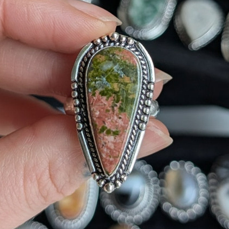 Earthy Pink Green Sterling Silver Ring Retro Vintage Boho Natural Stone Size 8