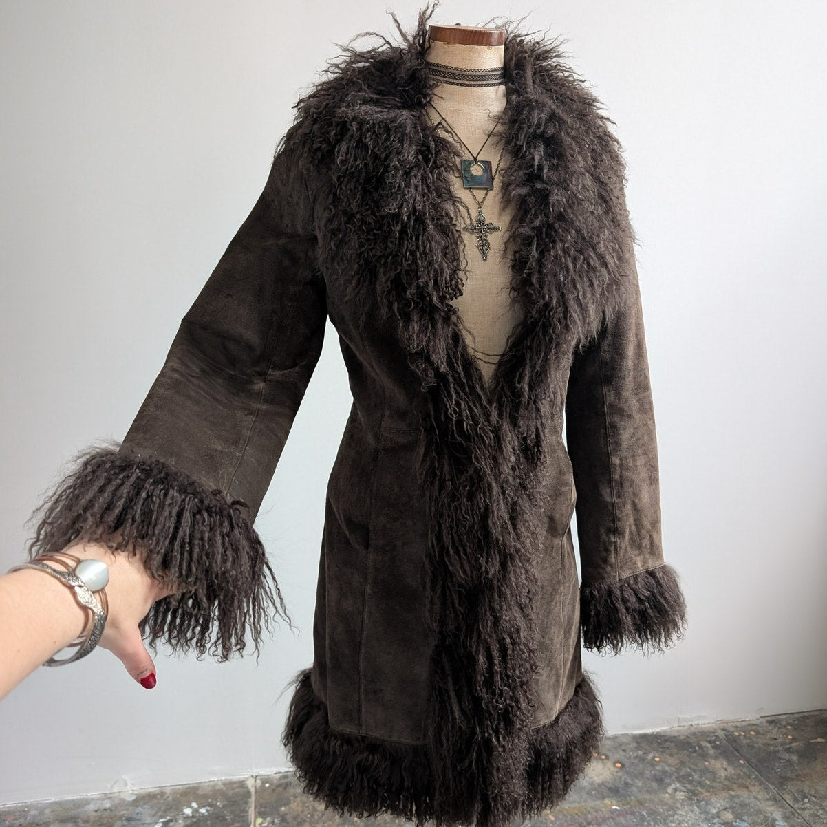 Vintage Brown Suede Penny Lane Jacket Fur Shag Leather Groovy Trench Coat Medium