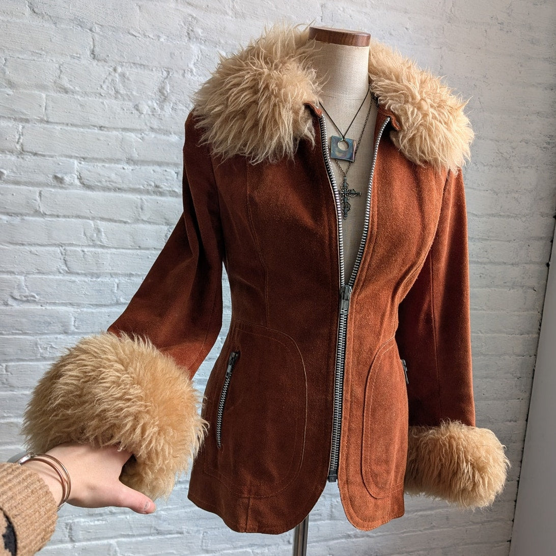 Vintage Orange Suede Penny Lane Jacket Groovy Furry Genuine Leather Western Coat