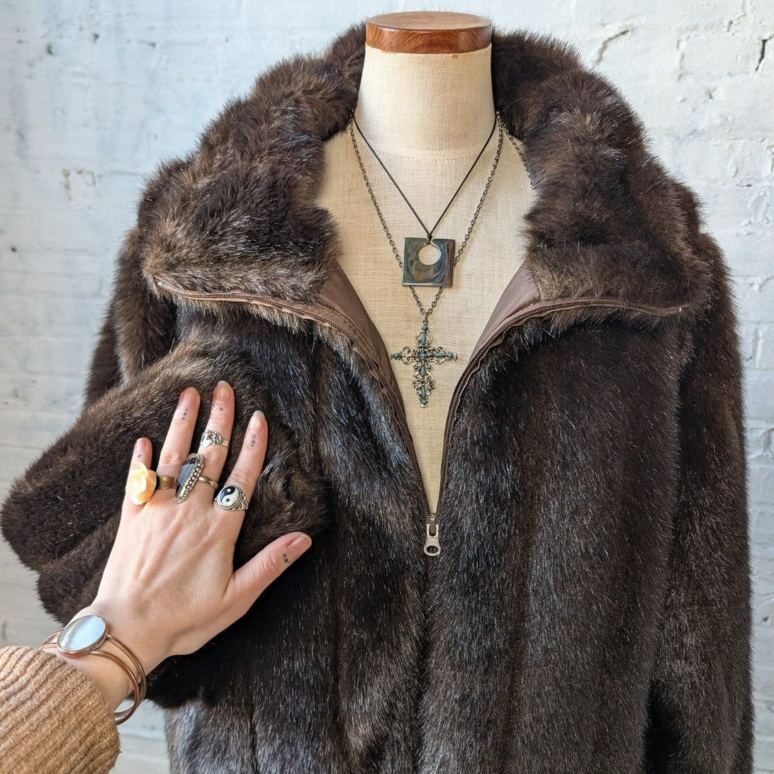 Vintage Dark Brown Faux Fur Coat Shaggy Mob Wife Grunge Minimalist Glam Jacket