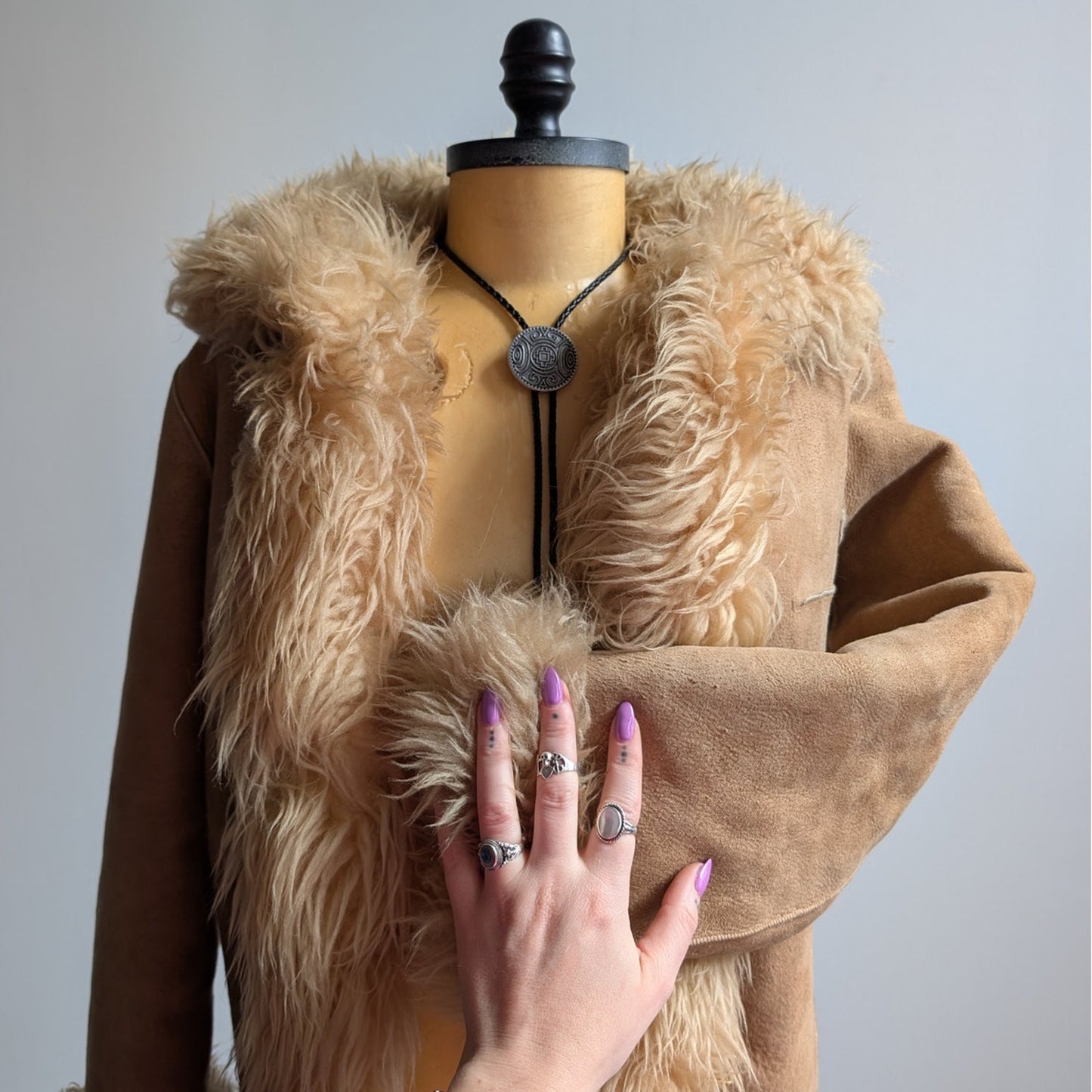 70s Vintage Brown Leather Penny Lane Coat Tan Suede Fur Groovy Boho Afghan Coat