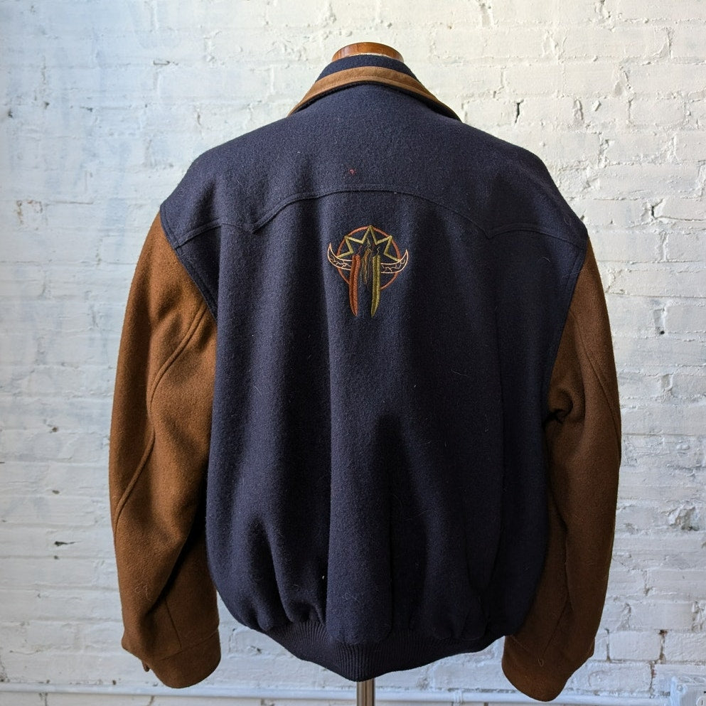 Vintage Navy Wool Leather Bomber Jacket Brown Varsity Western Utility Coat Large