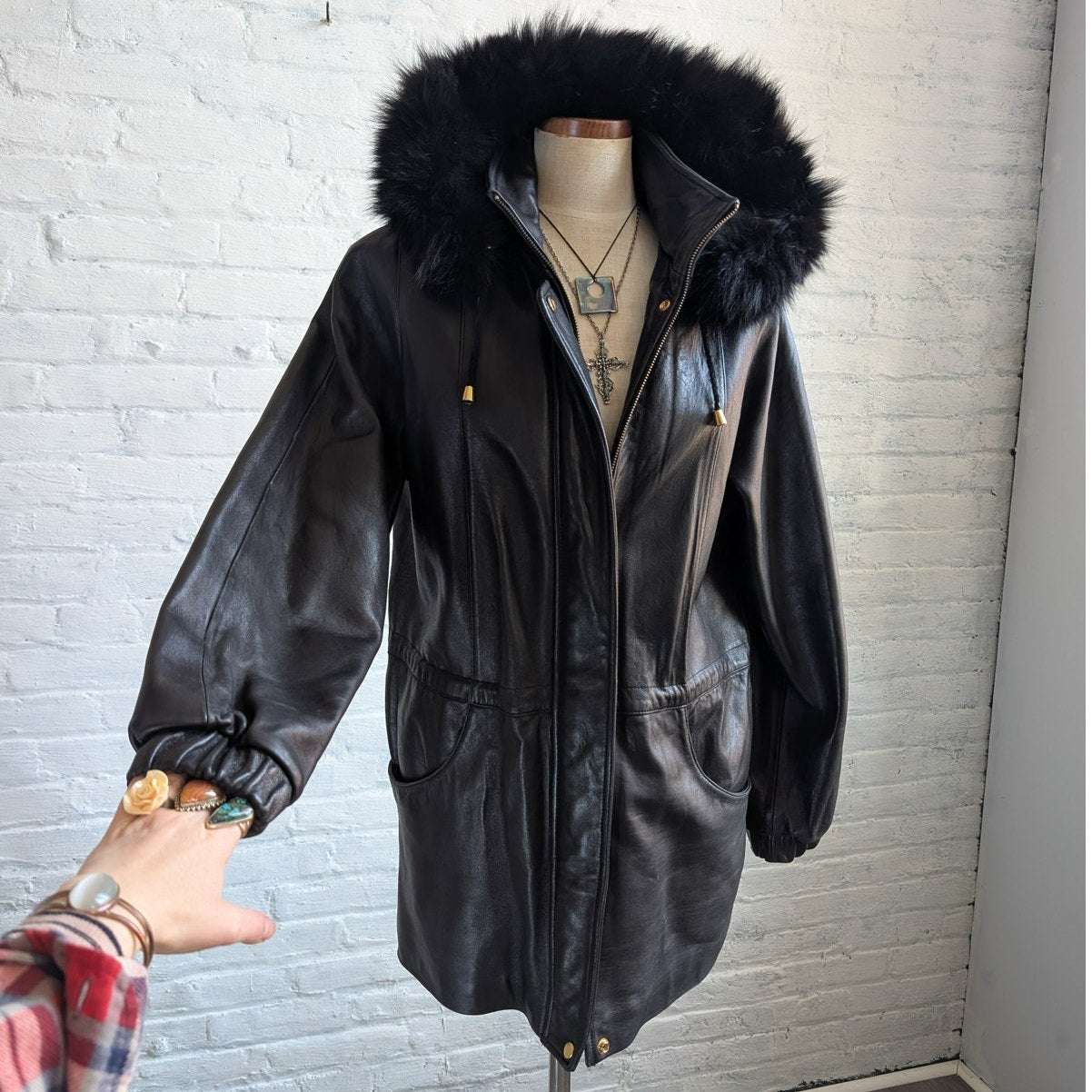 Vintage Black Leather Jacket Fox Fur Coat Sexy Black Leather Trench Coat Medium