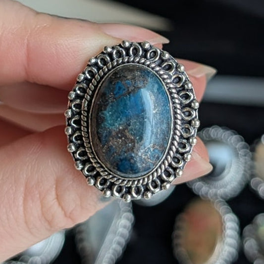 Blue Swirl Oval Sterling Silver Ring Retro Vintage Boho Natural Stone Size 6.75