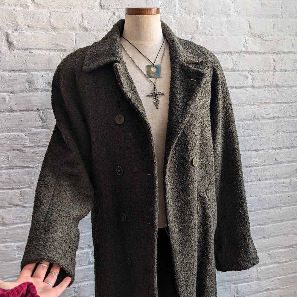 Y2K Vintage Green Wool Trench Coat Knit Earthtone Oversize Boho Jacket Medium