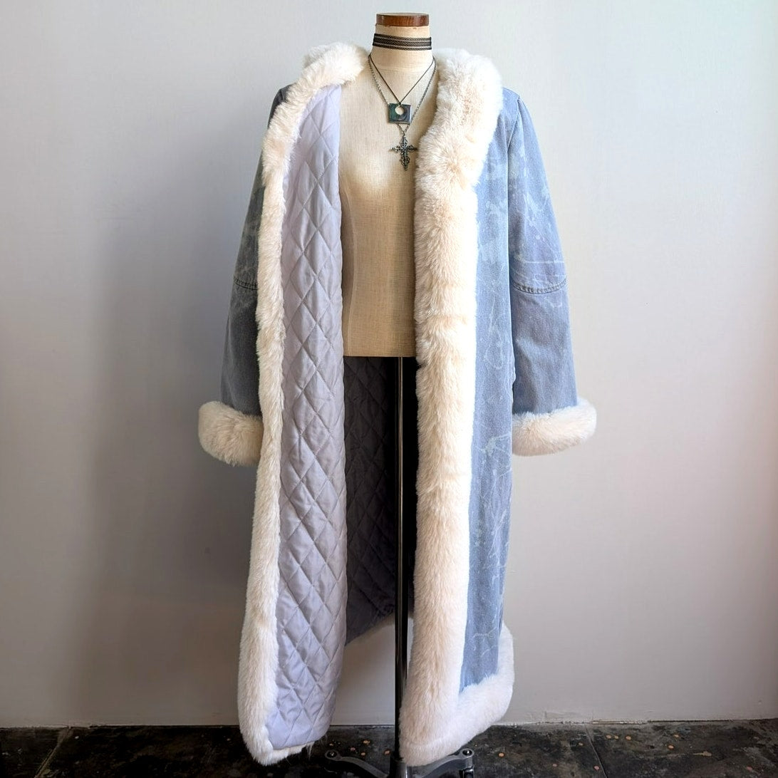 Y2K Faux Fur Penny Lane Coat Acid Wash Denim Trench Coat Afghan Jacket Large