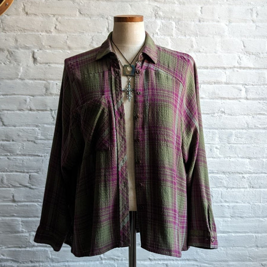 Urban Outfitters Green Grunge Plaid Flannel Forest Fairy Oversize Boyfriend Top