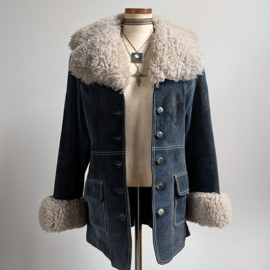 70s Vintage Blue Suede Penny Lane Fur Coat Leather Jacket Trench Boho Medium