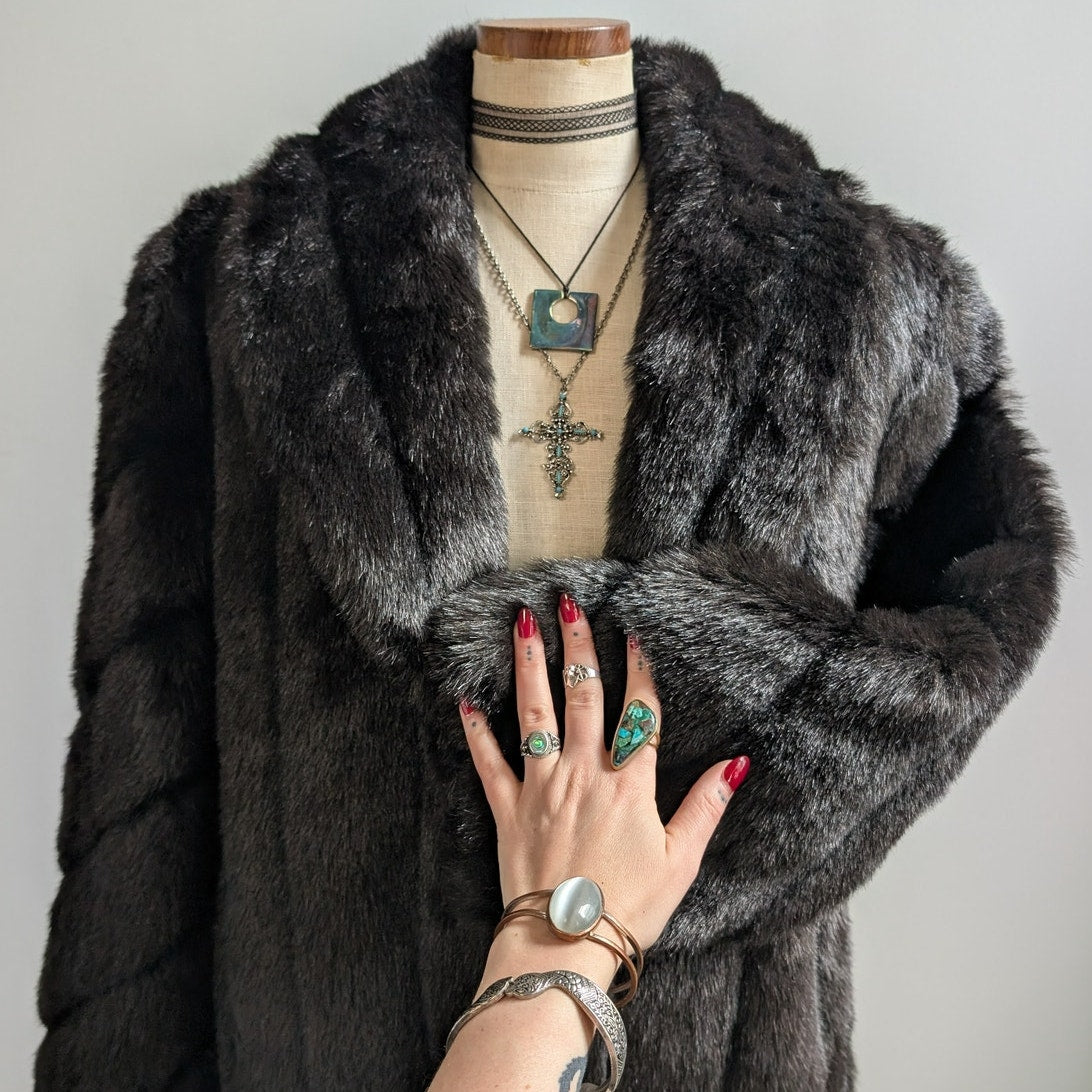 Vintage Black Faux Fur Coat Fur Trim Jacket Mob Wife Minimalist Goth Chic Medium