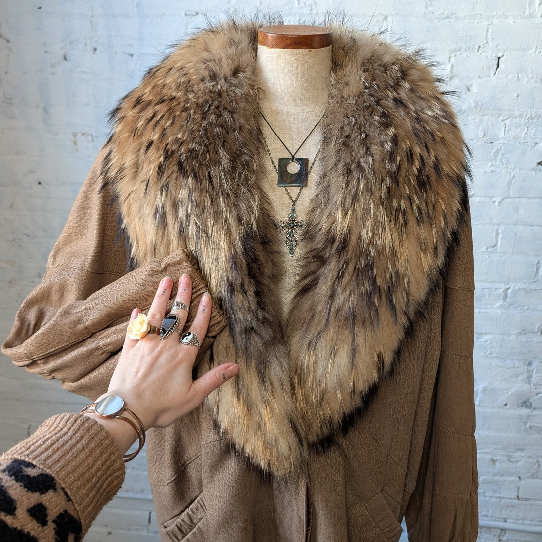 Vintage Tan Genuine Suede Raccoon Fur Trim Coat Leather Mini Trench Jacket