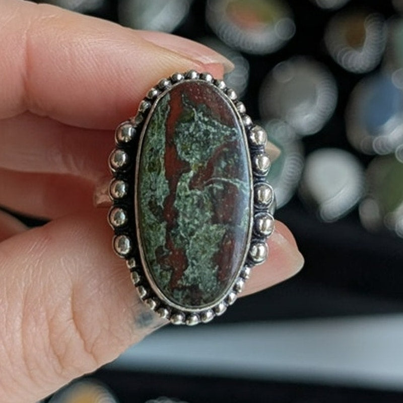 Earthy Green Rust Natural Stone Ring Boho Chic Sterling Silver Vintage Size 9