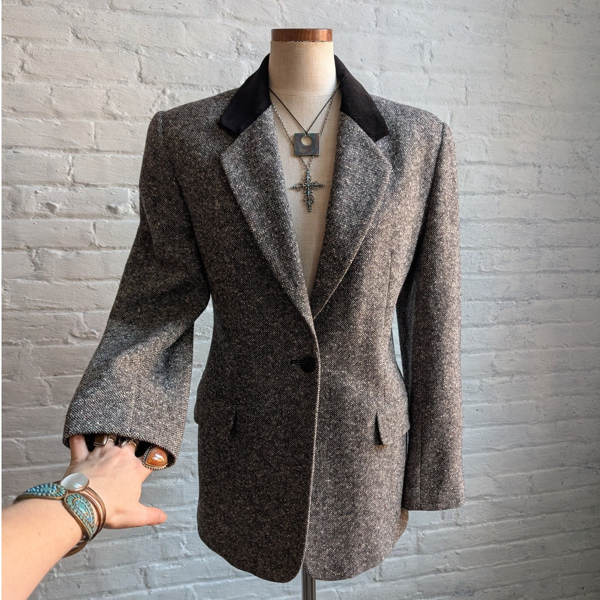 Vintage Gray Wool Blazer Tweed Herringbone Preppy Minimalist Velvet Jacket Large