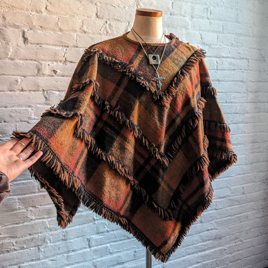 70s Vintage Western Plaid Knit Fringe Poncho Boho Chic Cottagecore Shawl Sweater