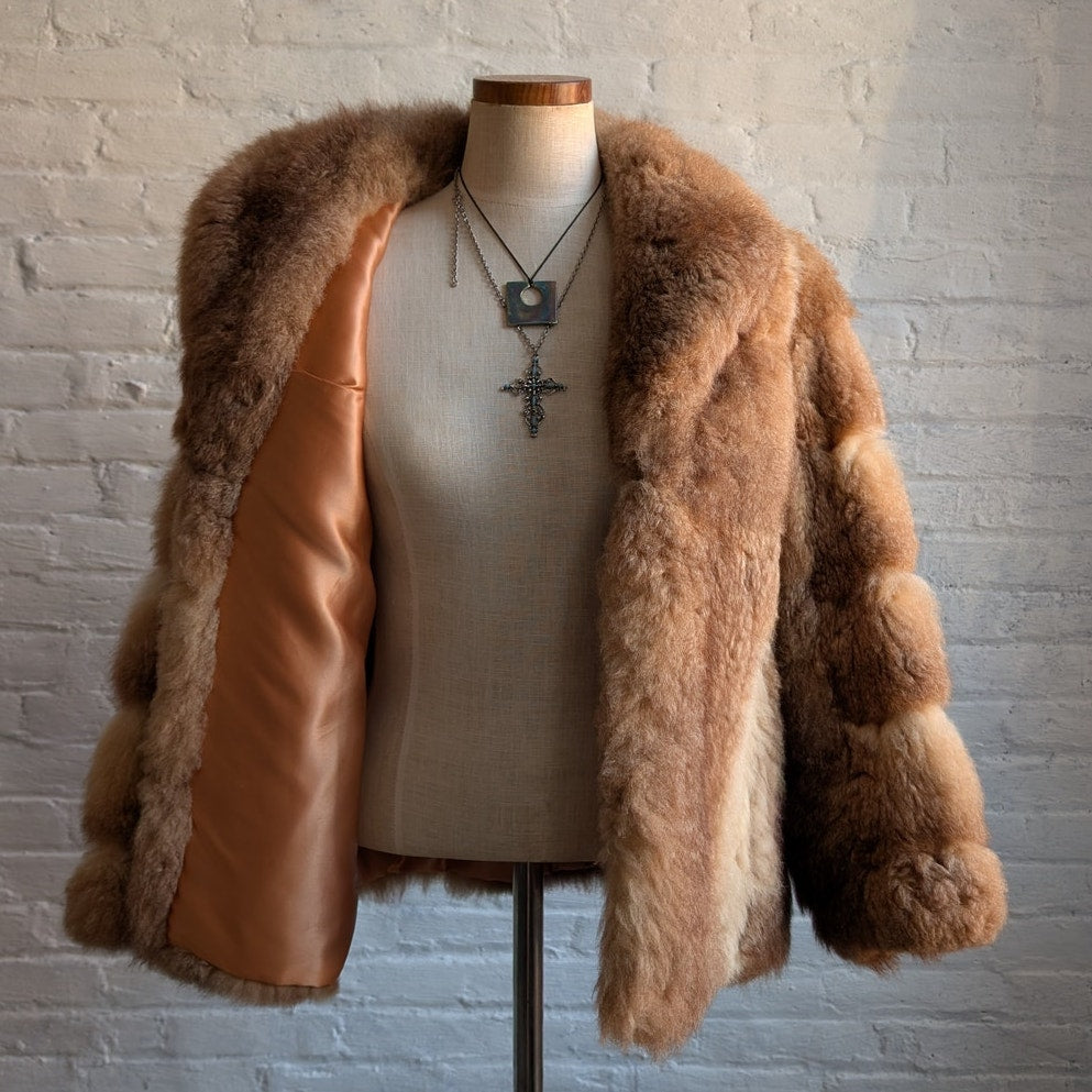 Vintage Ombre Brown Rabbit Fur Coat Crop Penny Lane Crimpy Furry Chic Mod Jacket