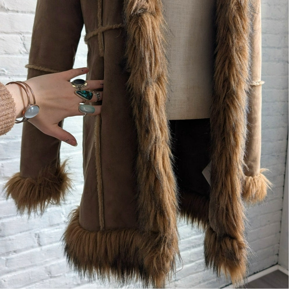 Y2K Vintage Brown Suede Penny Lane Jacket Faux Fur Fuzz Leather Boho Trench Coat