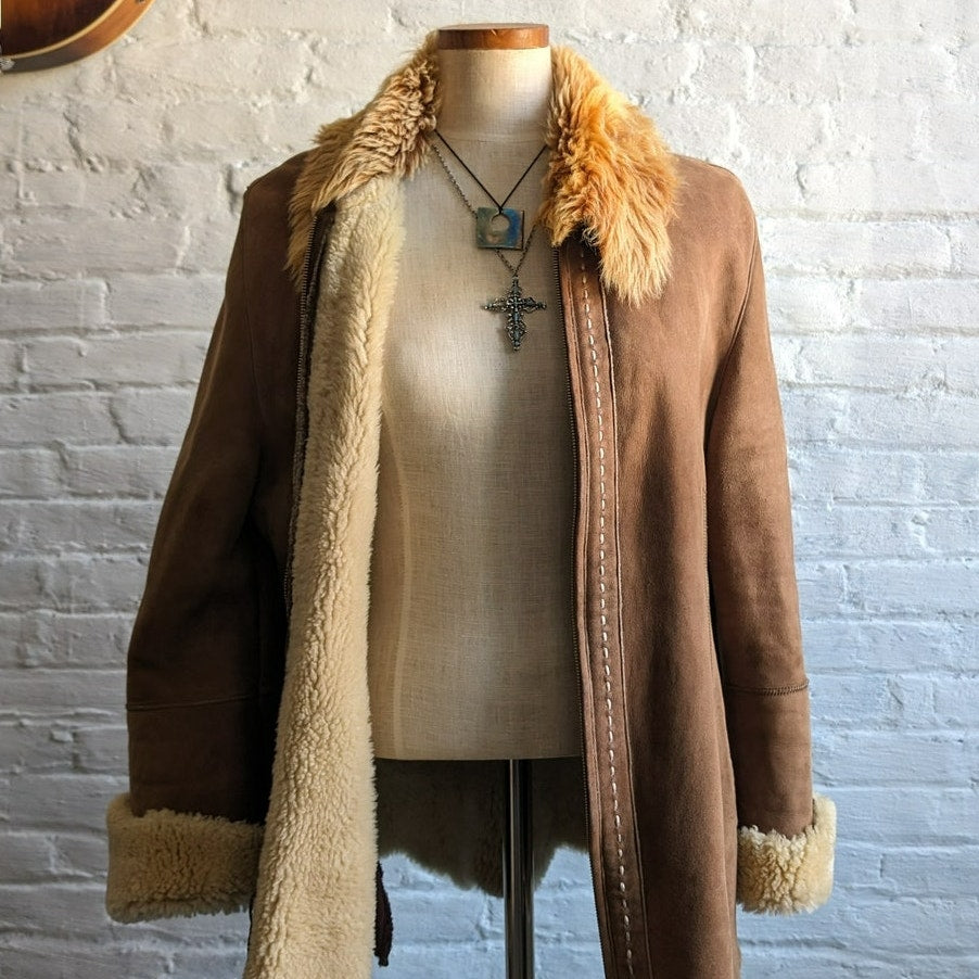 90s Vintage Afghan Suede Trench Coat Genuine Lambskin Penny Lane Fur Shag Jacket