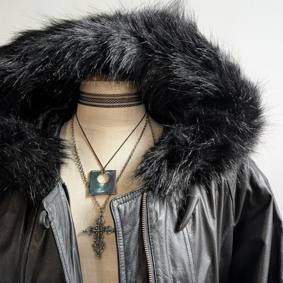 Vintage Black Leather Jacket Penny Lane Fur Hooded Trench Coat Minimalist Medium