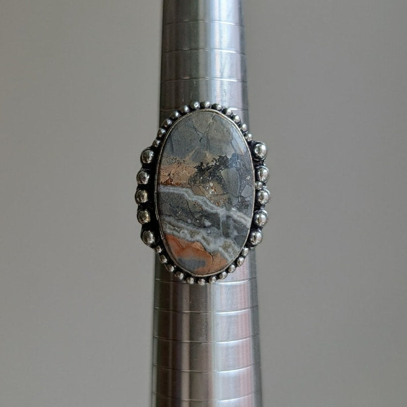 Earthy Rust Grey Natural Stone Ring Boho Chic Y2K Sterling Silver Vintage Size 8