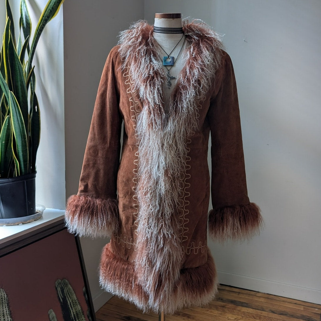 Vintage Rusty Brown Suede Coat Penny Lane Trench Groovy Fur Jacket Afghan Medium