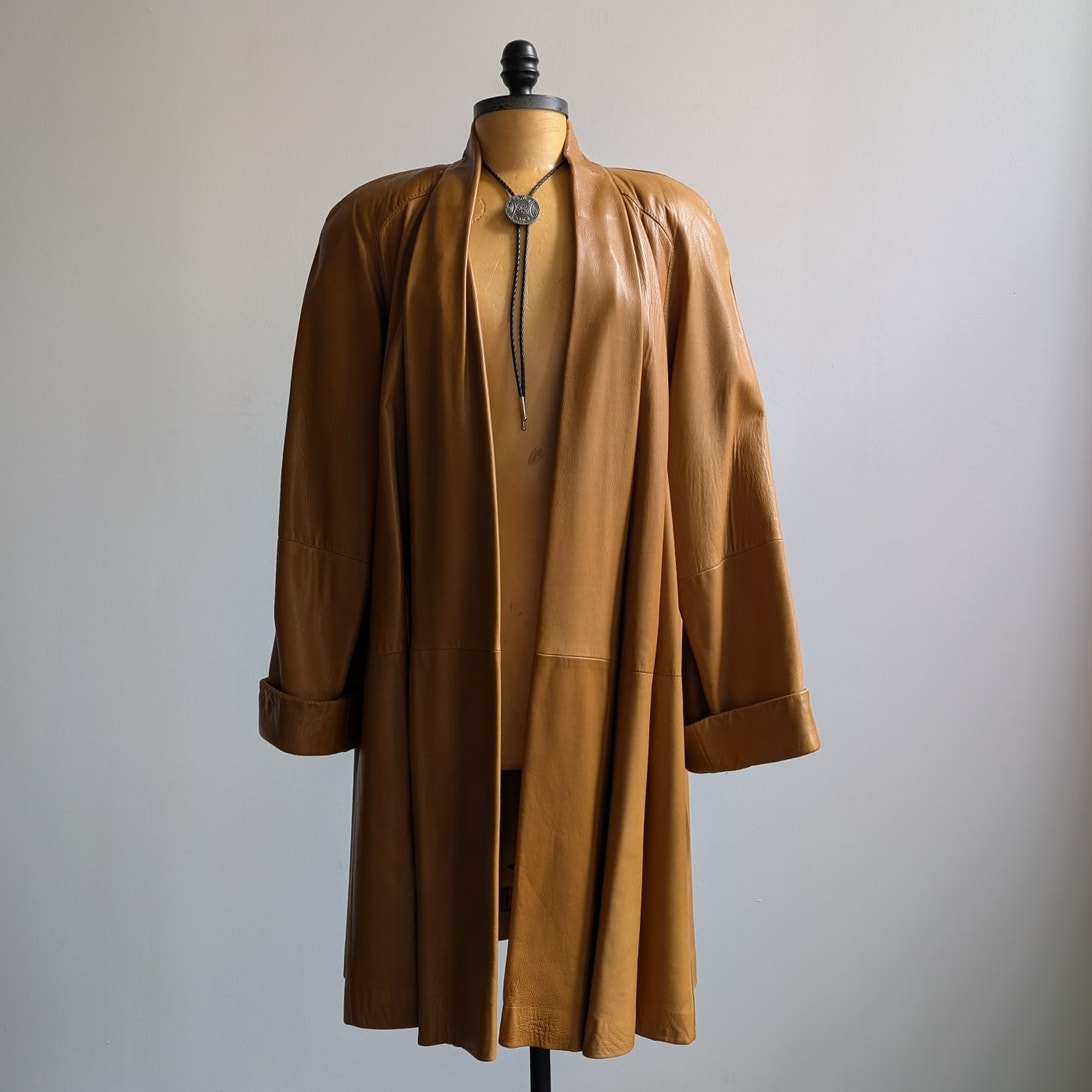 Vintage Brown Leather Trench Coat Boho Western Minimalist Neutral Jacket Large