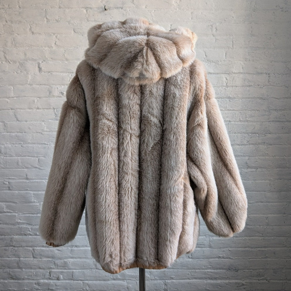 Vintage Faux Fur Neutral Plush Coat Mob Wife Furry Cozy Glam Fuzzy Jacket