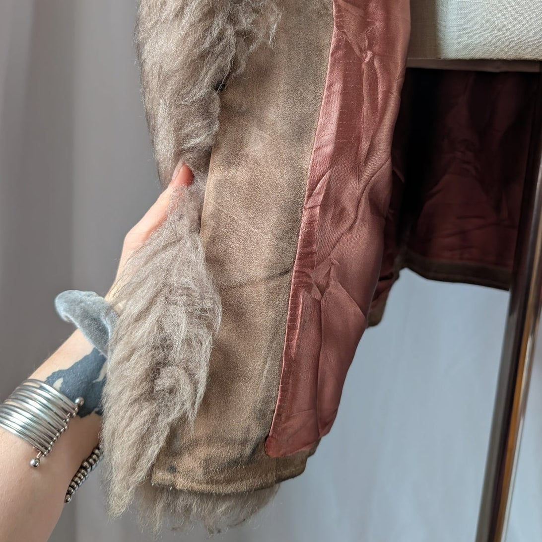 Vintage Brown Suede Fur Trim Afghan Coat L 70s Leather Penny Lane Coat Neutral