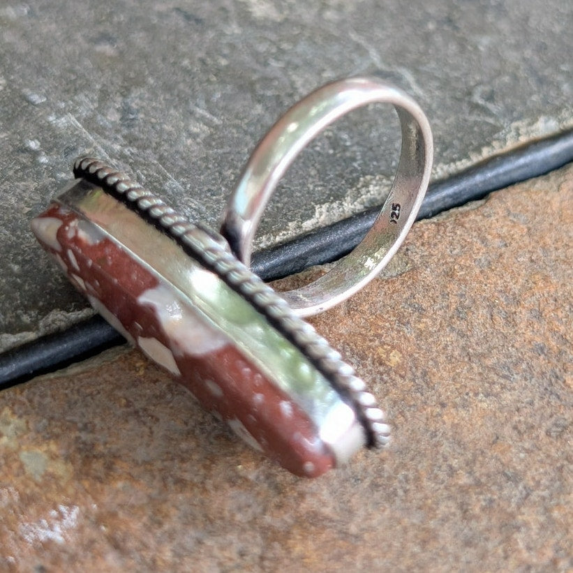 Red Oval Boho Ring Silver Statement Ring Groovy Vintage Southwest Rusty Size 8.5