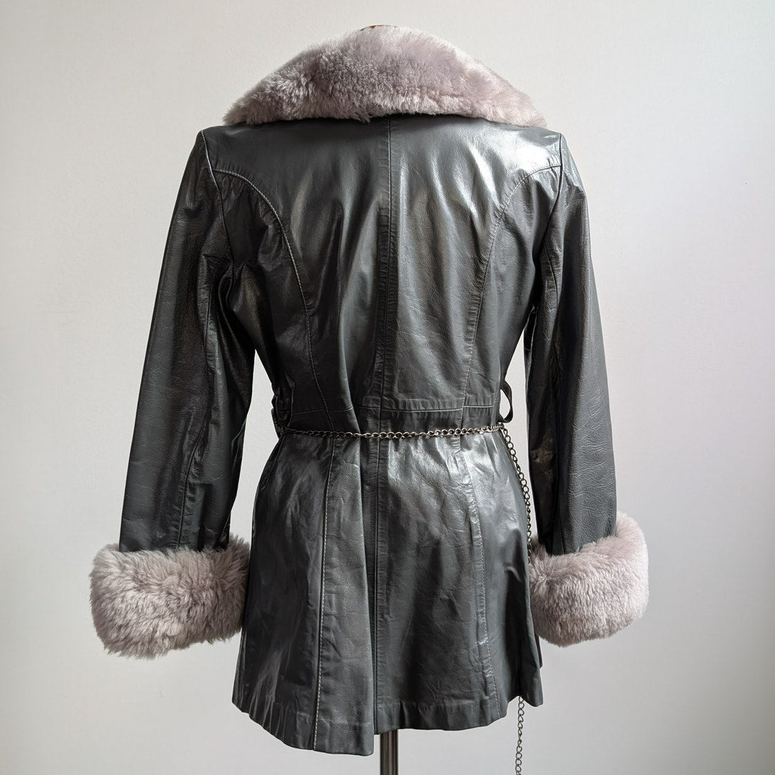Vintage Blue Grey Leather Shearling Penny Lane Jacket Groovy Trench Coat Medium
