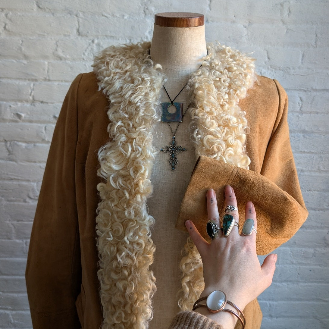 70s Vintage Neutral Tan Suede Penny Lane Jacket Genuine Leather Boho Fur Coat
