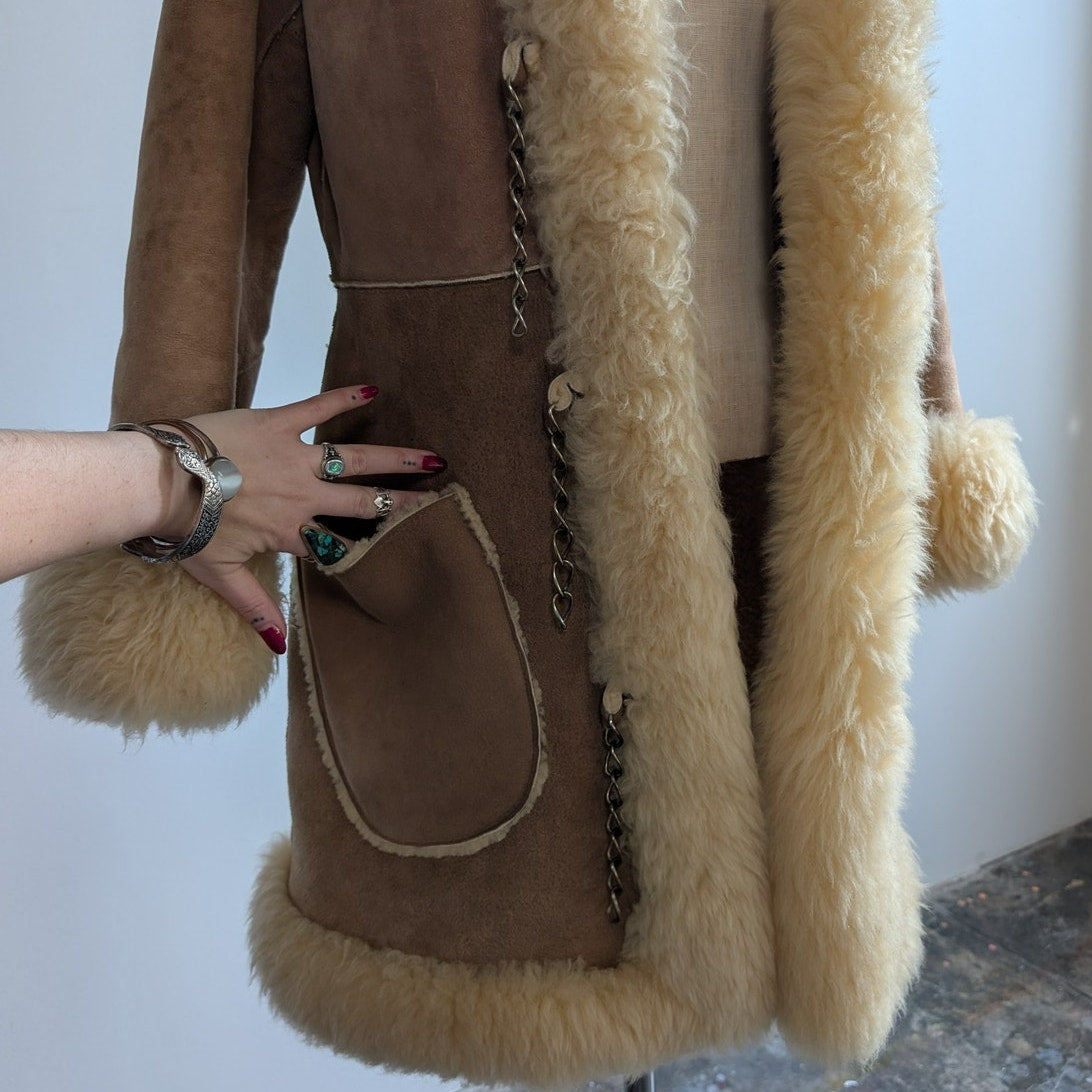 Vintage Brown Suede Fur Coat Boho Tan Leather Penny Lane Jacket Fur Trim Medium