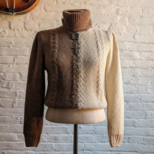 Vintage Brown Alpaca Wool Cable Knit Sweater Minimalist Neutral Colorblock Top