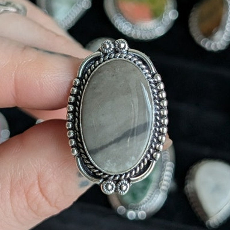 Grey Swirl Oval Sterling Silver Ring Retro Vintage Boho Natural Stone Size 7.25