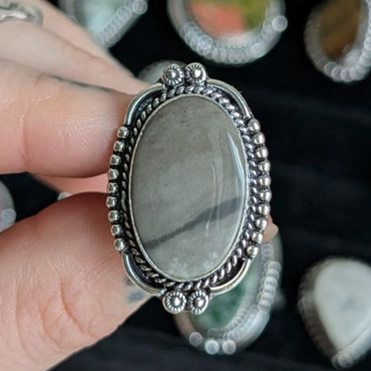 Grey Swirl Oval Sterling Silver Ring Retro Vintage Boho Natural Stone Size 7.25
