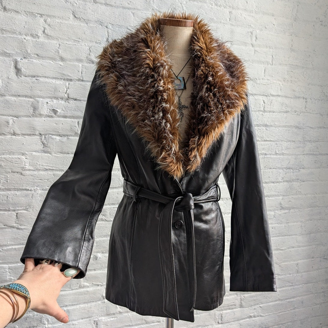Vintage Black Minimalist Leather Fur Coat Penny Lane Chic Goth Furry Moto Jacket