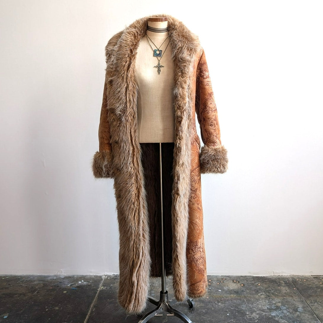 Vintage Penny Lane Groovy Faux Fur Jacket Boho Afghan Tapestry Trench Coat Small