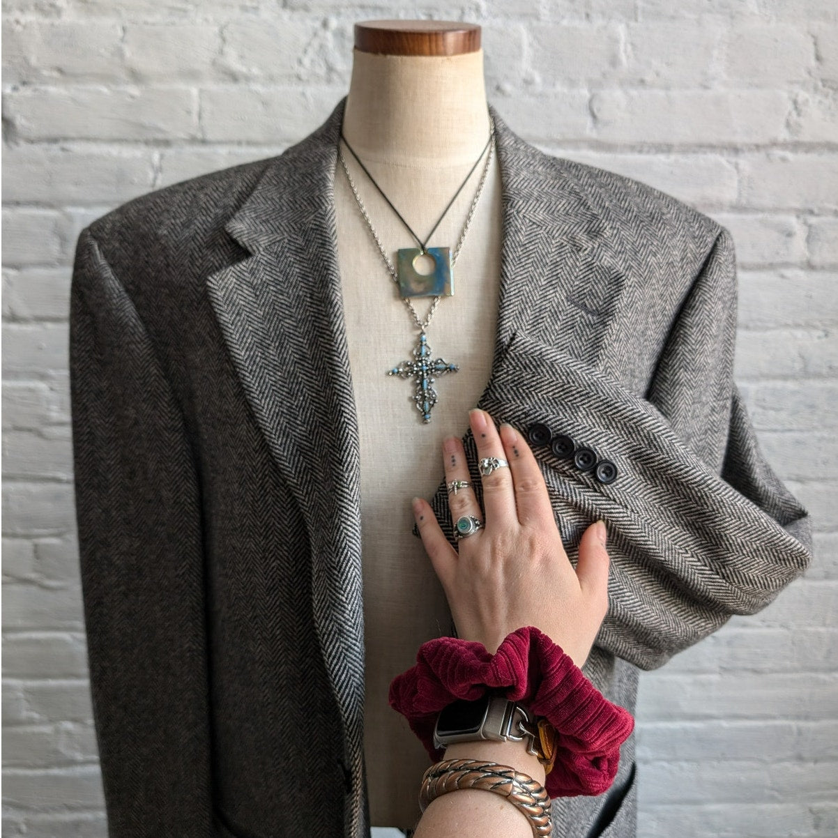 Vintage Wool Chevron Blazer Minimalist Preppy Jacket Chic Office Gray Coat Large