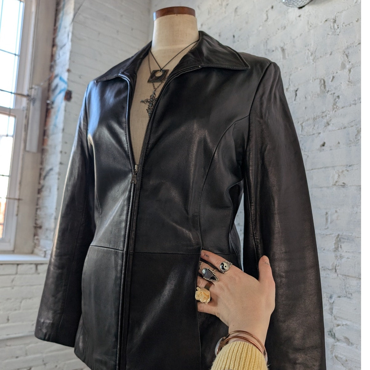 Vintage Black Leather Jacket Minimalist Biker Chic 90s Black Leather Coat Medium