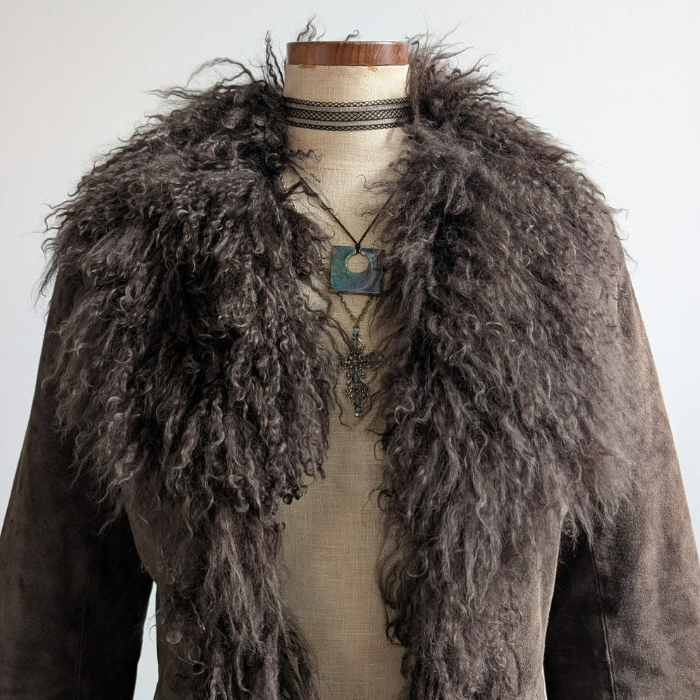 Vintage Brown Suede Penny Lane Jacket Fur Shag Leather Groovy Trench Coat Medium
