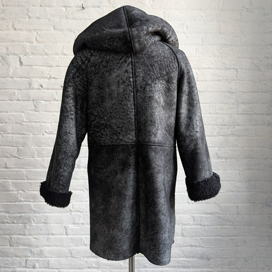 Vintage Black Leather Shearling Coat Afghan Fur Minimalist Chic Luxury Jacket