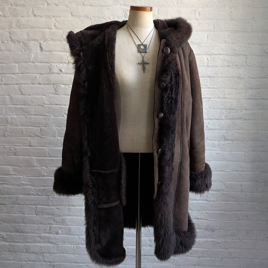 Vintage Brown Suede Fur Jacket Penny Lane Fur Furry Leather Groovy Trench Coat