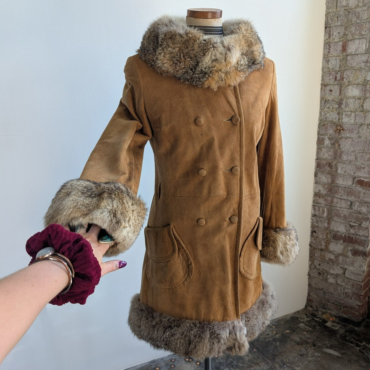 Vintage Brown Suede Fur Trim Penny Lane Jacket Furry Leather Trench Coat Medium