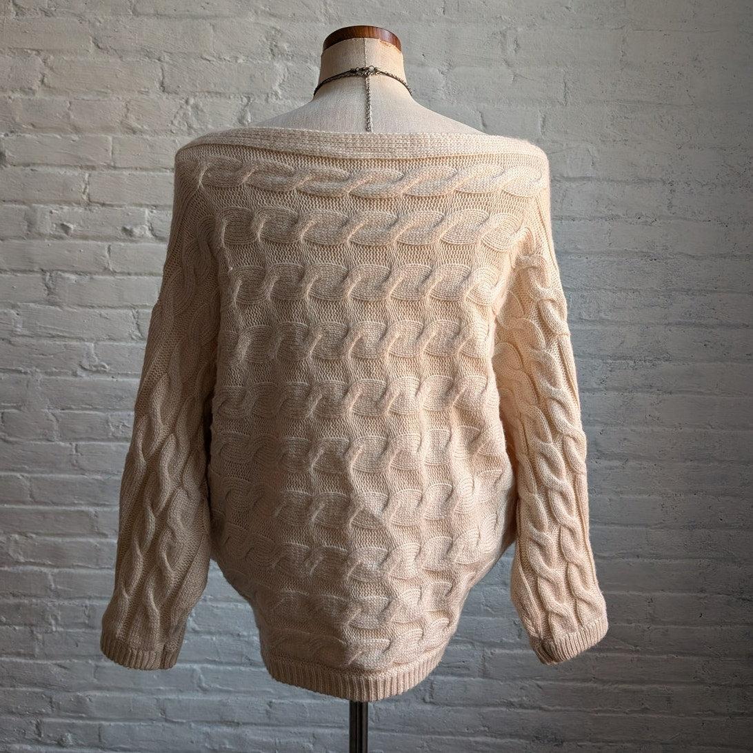 Y2K Mohair Cream Chunky Cable Knit Sweater Hippie Boho Woven Femme Neutral Top