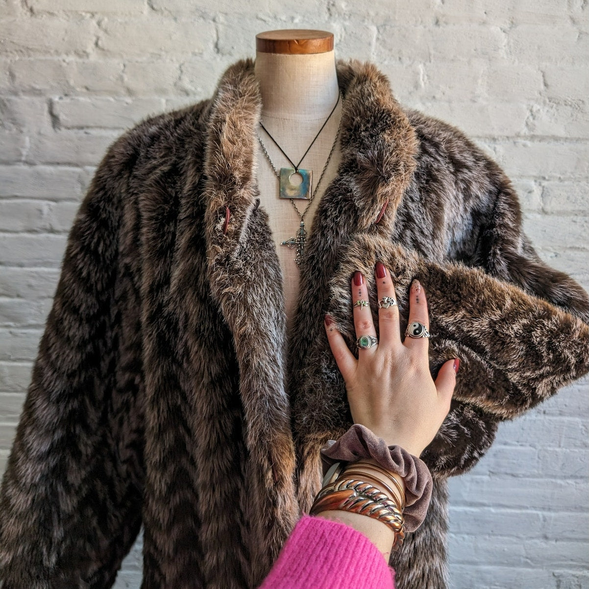 Vintage Brown Chevron Faux Fur Coat Groovy 70s Shaggy Festival Penny Lane Jacket