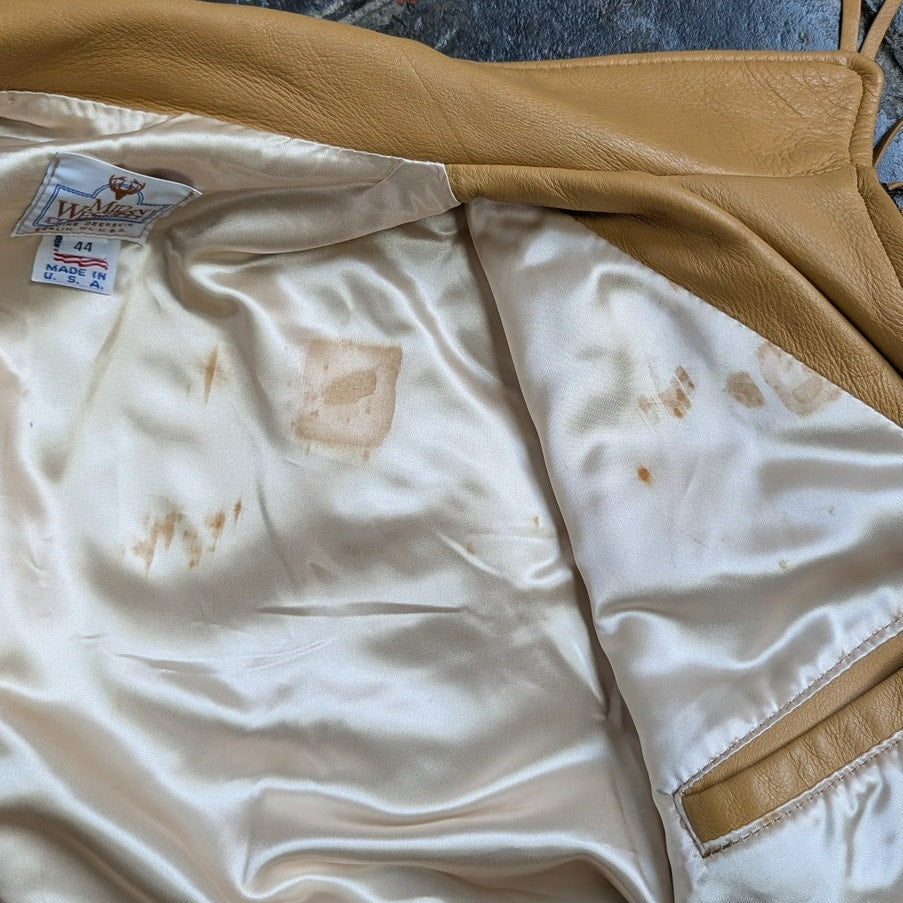 Vintage Neutral Leather Jacket 70s Fringe Biker Western Moto Bomber Coat Large