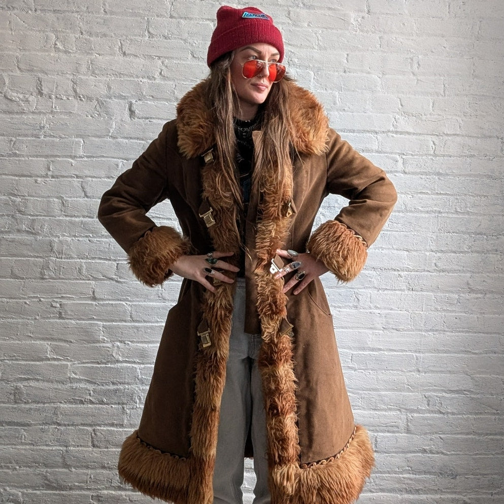 70s Vintage Brown Faux Fur Afghan Coat Penny Lane Groovy Shaggy Trench Jacket