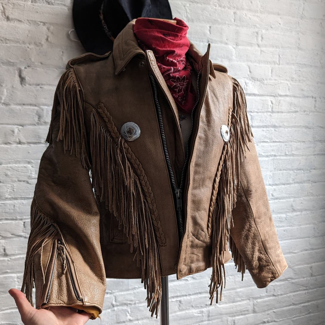 Vintage Light Caramel Brown Southwest Leather Fringe Biker Jacket
