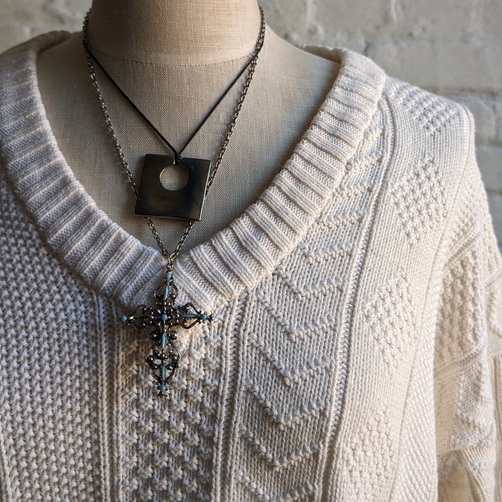 Vintage Neutral Chunky Cable Knit Grandpa Sweater Minimalist White Boho Chic Top