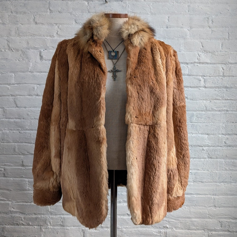 Vintage Rust Orange Rabbit Fur Coat Fuzzy Mobwife Cozy Plush Western Boho Jacket