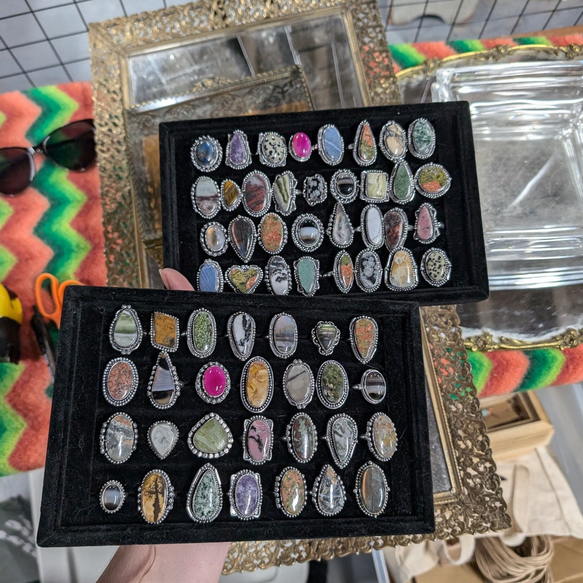 Grey Teardrop Sterling Silver Midi Ring Retro Vintage Boho Natural Stone Size4.5