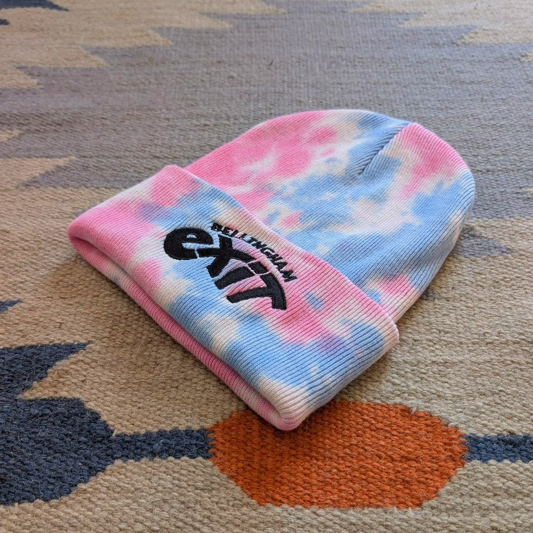 Tie Dye Beanie Blue Pink Cotton Knit Festival Hat Embroidered Exit Bellingham
